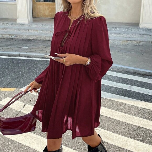 Burgundy Casual Women's Pleated long sleeved mini Dress - Picture 5 of 6